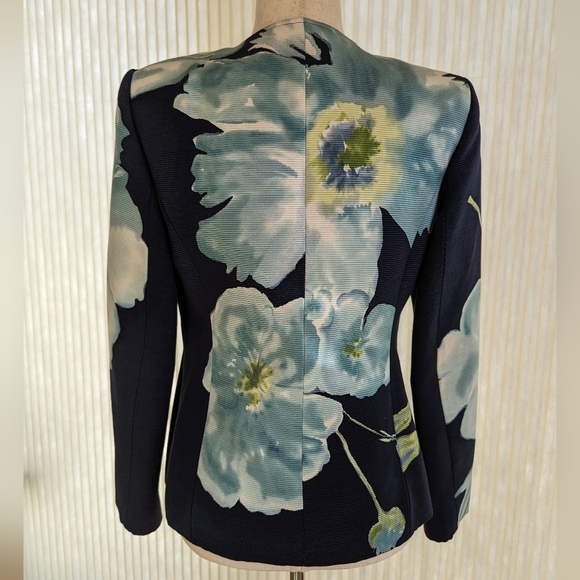 Linda Allard Ellen Tracy Blue Floral Print Zip Front Jacket Size 4 Cotton Silk - Picture 3 of 9